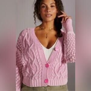 Pilcro Anthro Sweater Size Small Cableknit Cropped Cardigan Pink Shabby chic